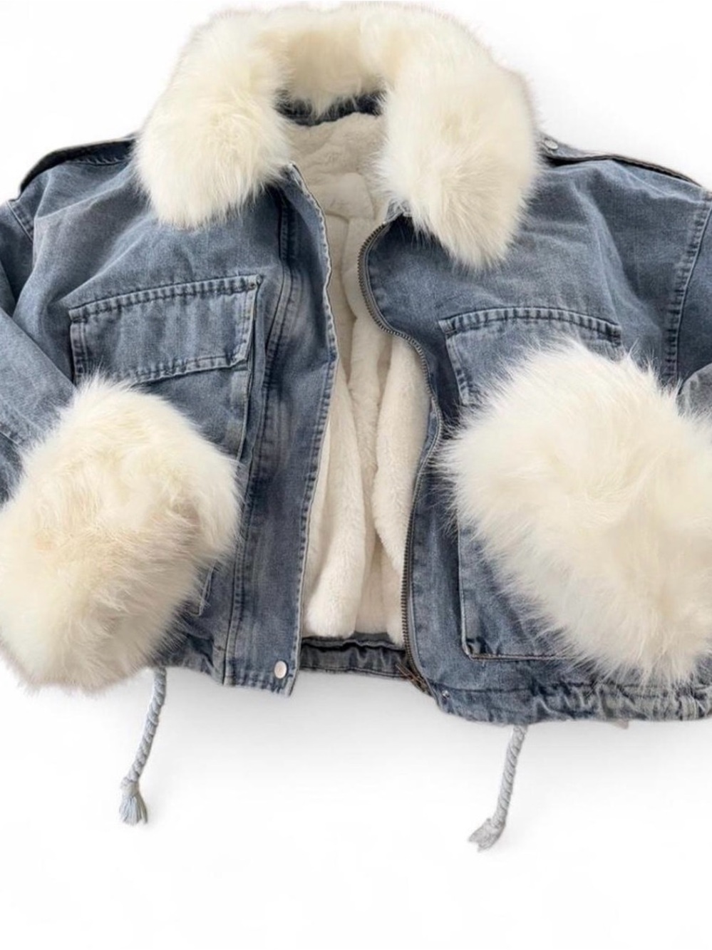 Faux Fur-Trim Denim Jacket Cropped Parka - Light Blue with Cream Fur